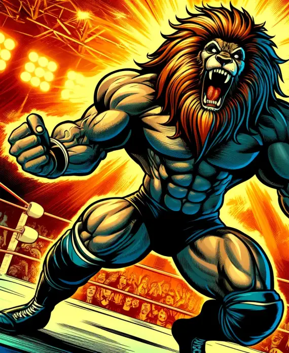 DALL·E 2024-05-18 16.41.16 - A comic book style scene featuring the muscular, roaring lion-man wrestler character with a wild mane and fierce expression. The character is engaged